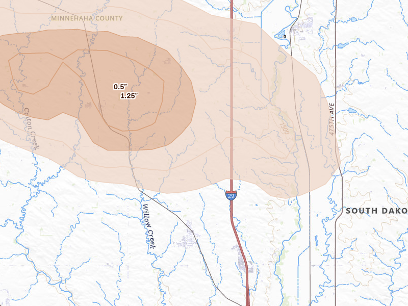 Radar-estimated hail-size map of the storm over Crooks, SD on Aug 20, 2026