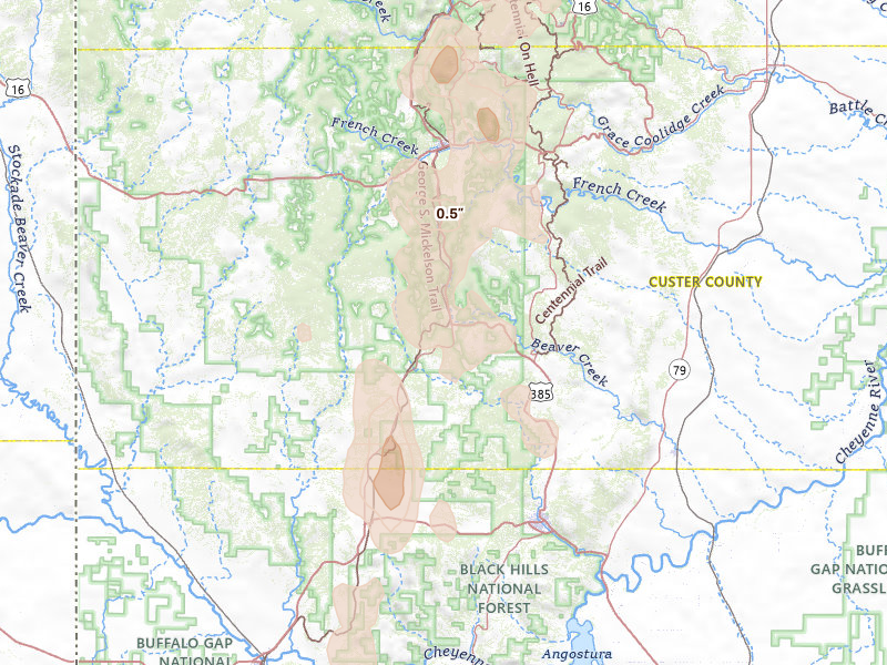 Radar-estimated hail-size map of the storm over Custer, SD on May 30, 2026