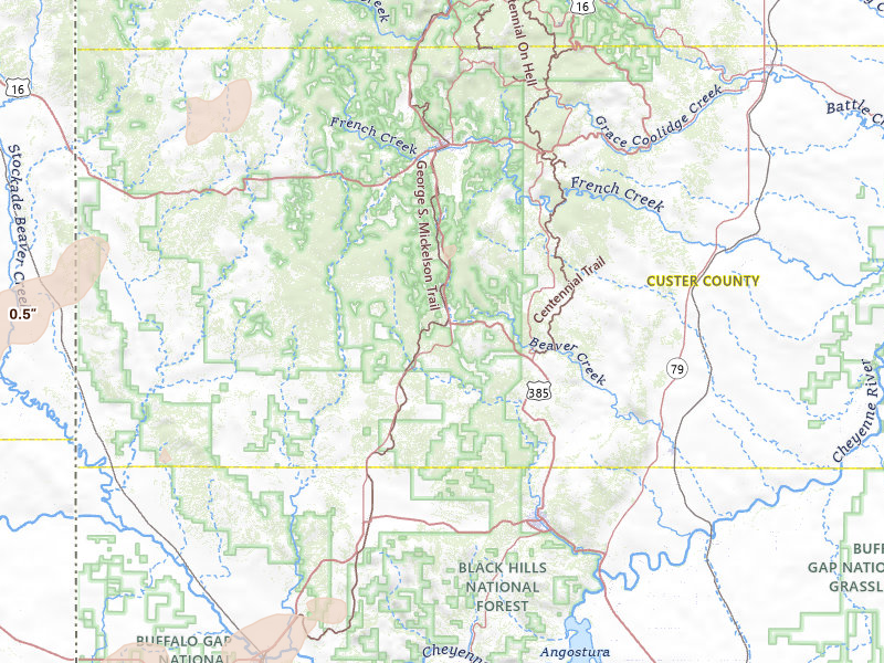 Radar-estimated hail-size map of the storm over Custer, SD on Jun 1, 2026