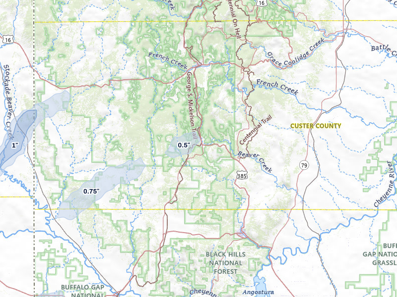NEXRAD radar-signature map of the hail storm over Custer, SD on Jun 1, 2026
