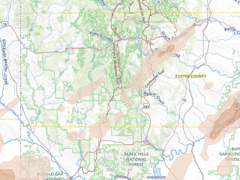 Radar-estimated hail-size map of the storm over Custer, SD on Jun 2, 2026