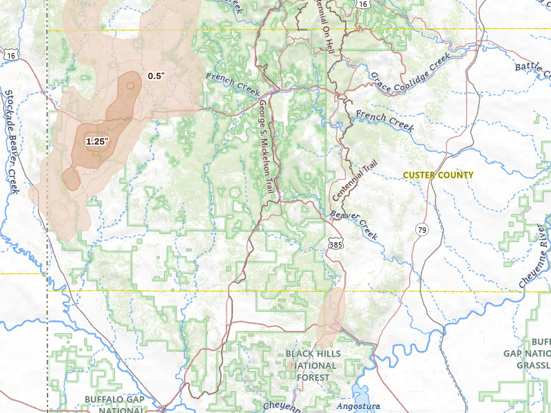 Radar-estimated hail-size map of the storm over Custer, SD on Jun 6, 2026