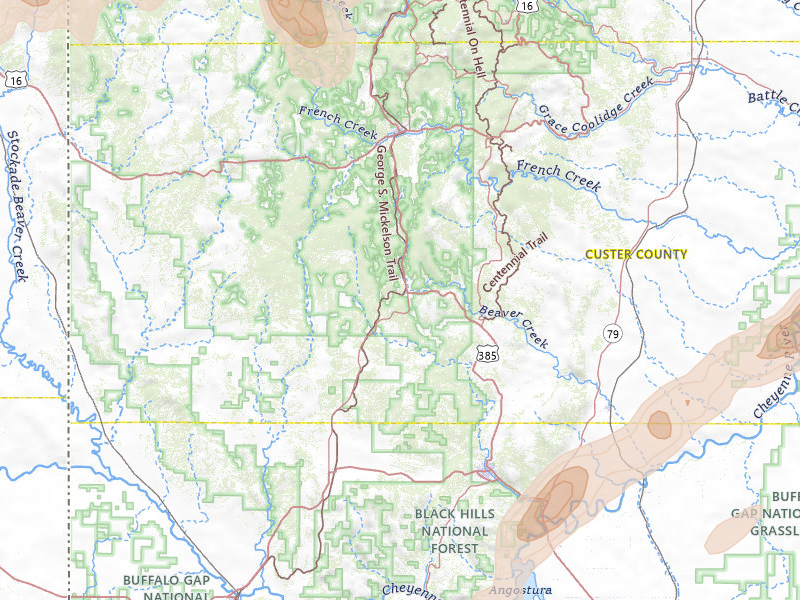 Radar-estimated hail-size map of the storm over Custer, SD on Jun 26, 2026