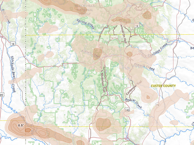 Radar-estimated hail-size map of the storm over Custer, SD on Jul 3, 2026