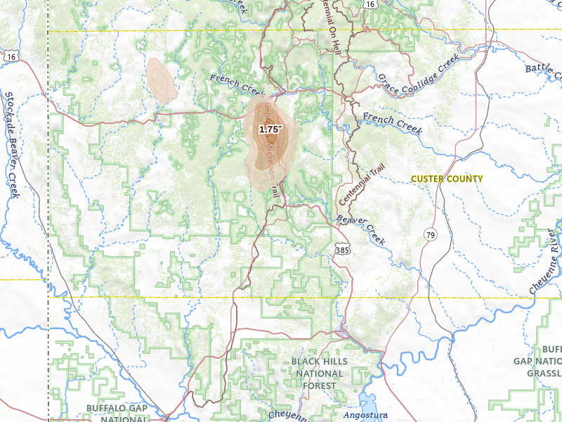 Radar-estimated hail-size map of the storm over Custer, SD on Jul 4, 2026