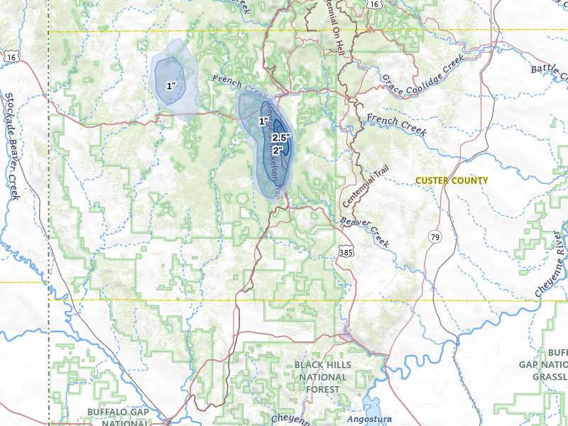 NEXRAD radar-signature map of the hail storm over Custer, SD on Jul 4, 2026