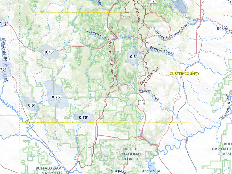 NEXRAD radar-signature map of the hail storm over Custer, SD on Jul 8, 2026