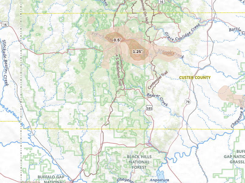 Radar-estimated hail-size map of the storm over Custer, SD on Jul 9, 2026