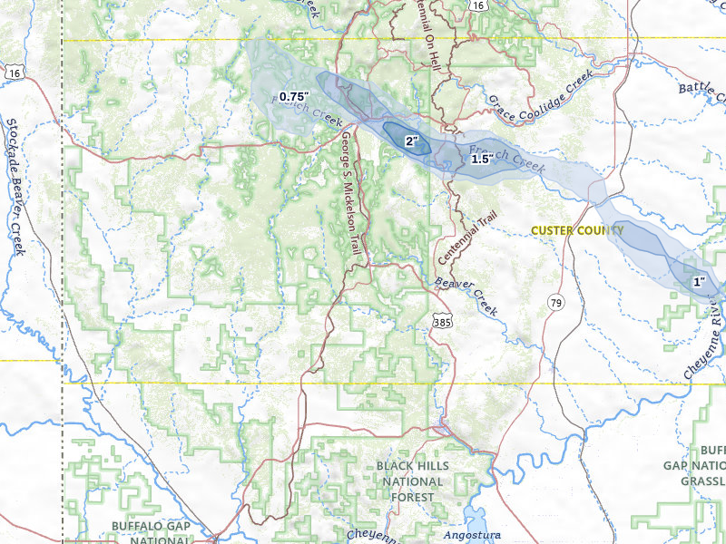 NEXRAD radar-signature map of the hail storm over Custer, SD on Jul 9, 2026