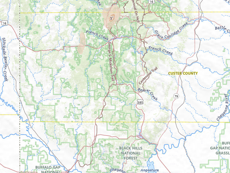 Radar-estimated hail-size map of the storm over Custer, SD on Jul 17, 2026