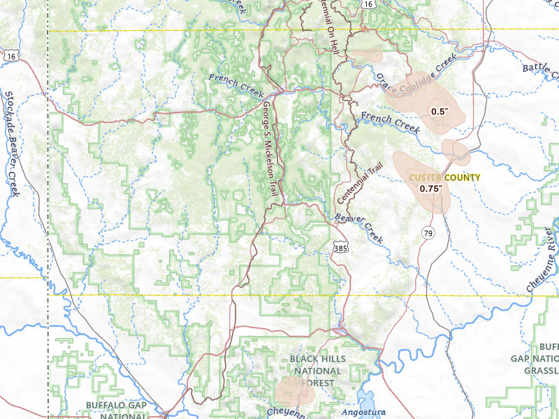 Radar-estimated hail-size map of the storm over Custer, SD on Jul 28, 2026