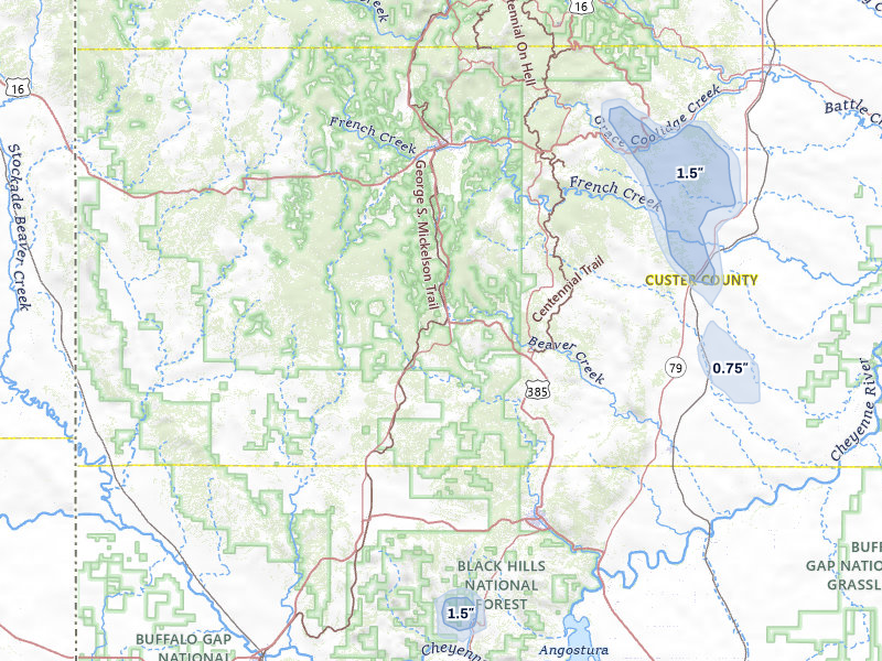 NEXRAD radar-signature map of the hail storm over Custer, SD on Jul 28, 2026