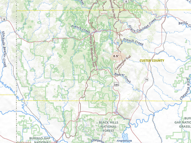 Radar-estimated hail-size map of the storm over Custer, SD on Jul 30, 2026