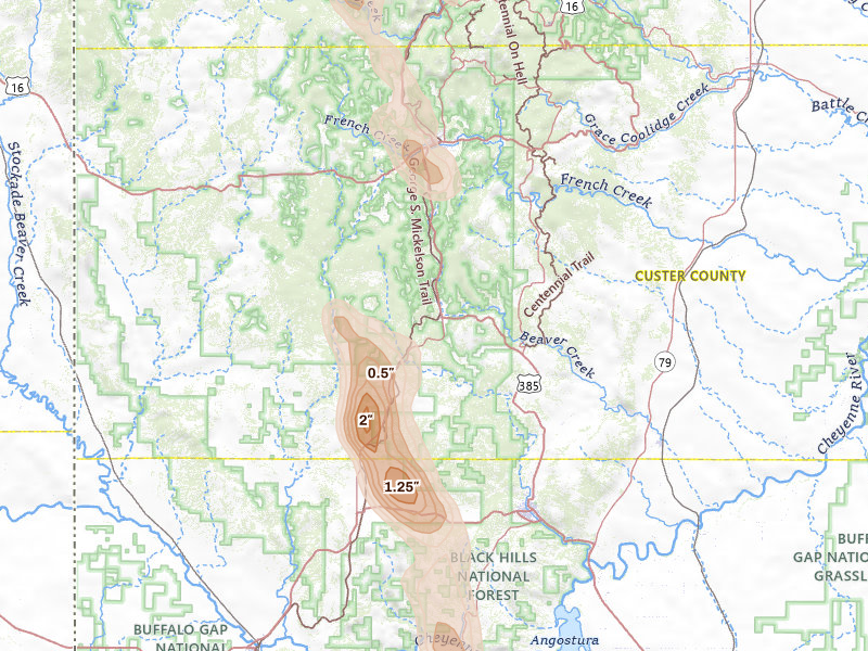 Radar-estimated hail-size map of the storm over Custer, SD on Jul 31, 2026