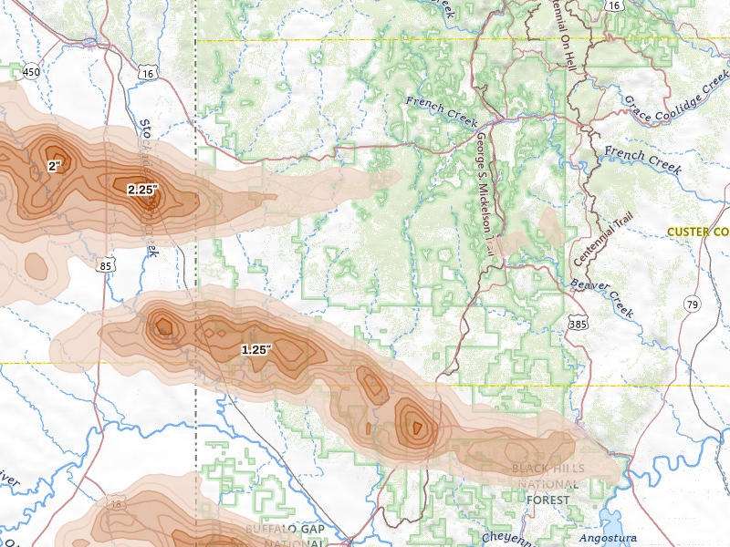 Radar-estimated hail-size map of the storm over Custer, SD on Aug 12, 2026