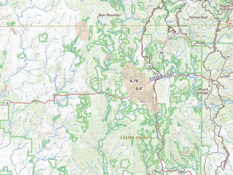 Radar-estimated hail-size map of the storm over Custer, SD on Aug 21, 2026