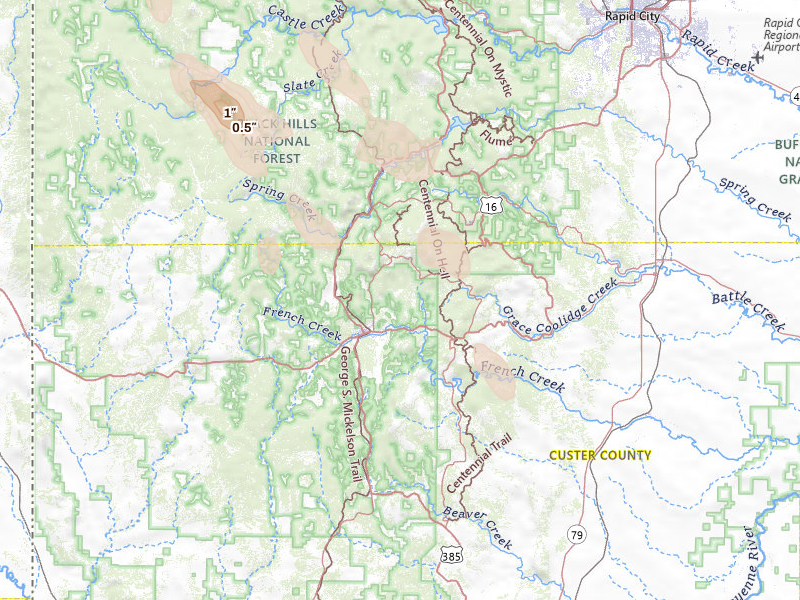 Radar-estimated hail-size map of the storm over Custer, SD on Aug 27, 2026