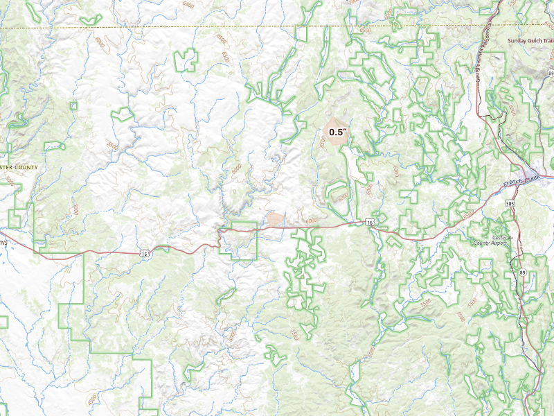 Radar-estimated hail-size map of the storm over Custer, SD on Sep 13, 2026
