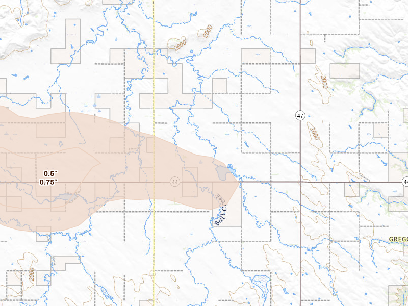 Radar-estimated hail-size map of the storm over Dallas, SD on Aug 19, 2026