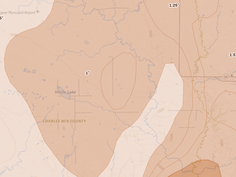 Radar-estimated hail-size map of the storm over Dante, SD on May 17, 2026