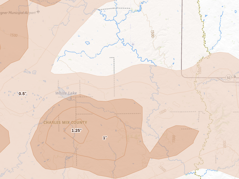 Radar-estimated hail-size map of the storm over Dante, SD on Sep 1, 2026