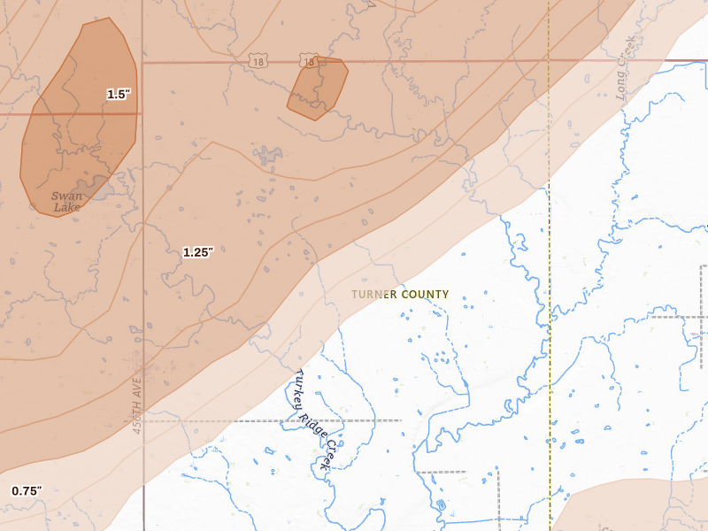 Radar-estimated hail-size map of the storm over Davis, SD on May 17, 2026