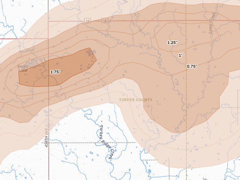 Radar-estimated hail-size map of the storm over Davis, SD on May 31, 2026