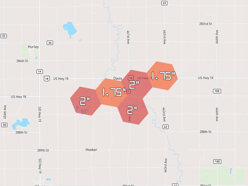Hail map of Davis, SD on Jun 1, 2026, hail up to 2"