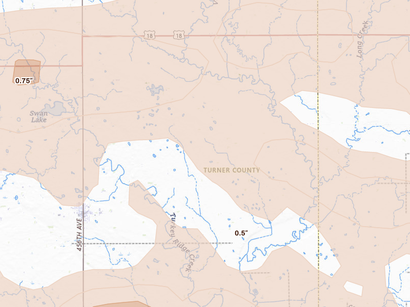 Radar-estimated hail-size map of the storm over Davis, SD on Aug 10, 2026