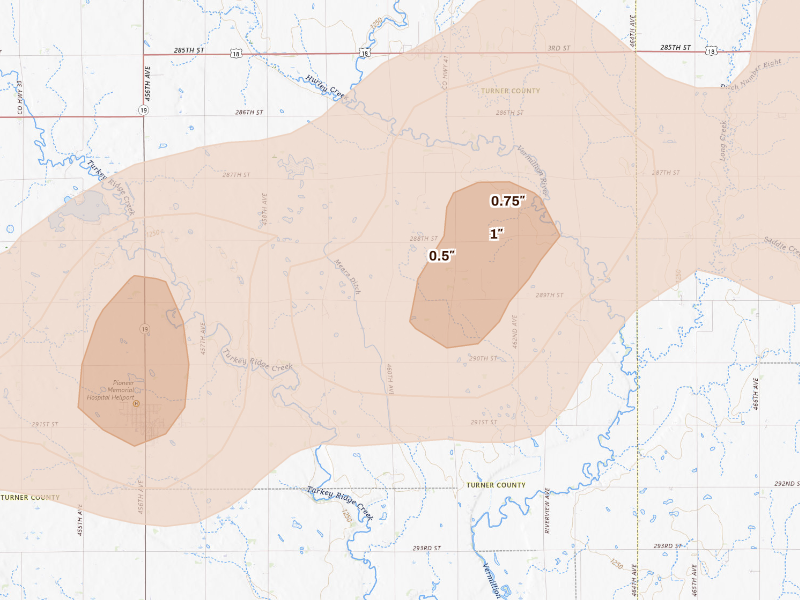 Radar-estimated hail-size map of the storm over Davis, SD