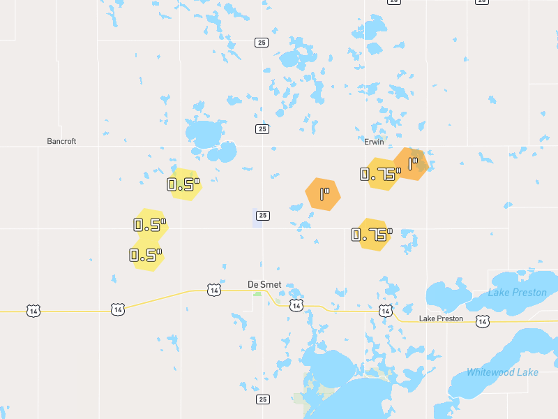 Hail map of De Smet, SD on Jun 4, 2026, hail up to 1"