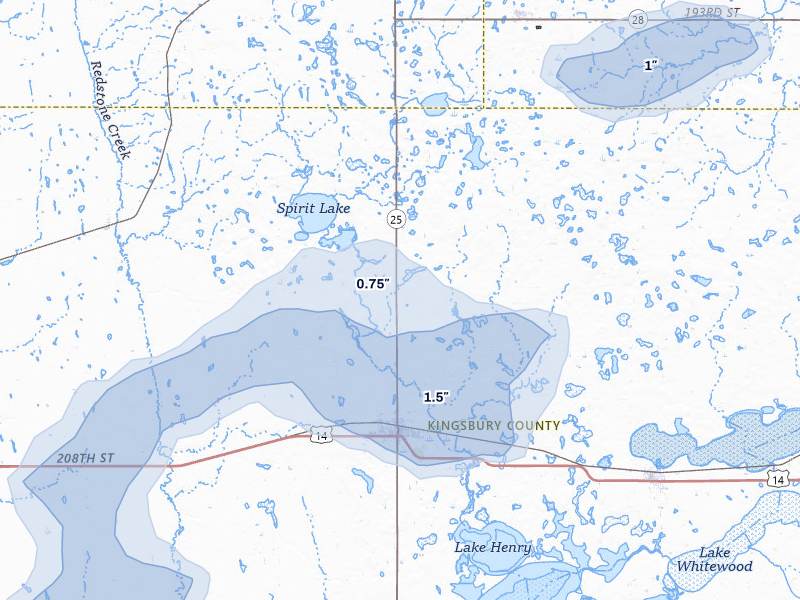 NEXRAD radar-signature map of the hail storm over De Smet, SD on Aug 3, 2026