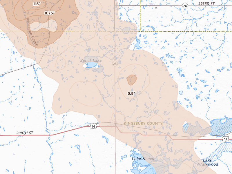Radar-estimated hail-size map of the storm over De Smet, SD on Aug 24, 2026