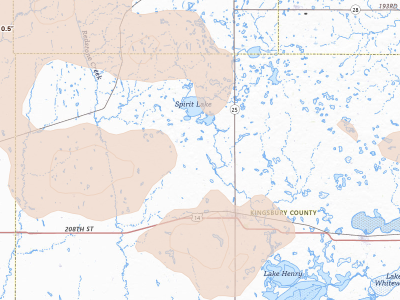 Radar-estimated hail-size map of the storm over De Smet, SD on Aug 28, 2026