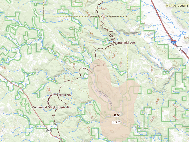 Radar-estimated hail-size map of the storm over Deadwood, SD on May 30, 2026