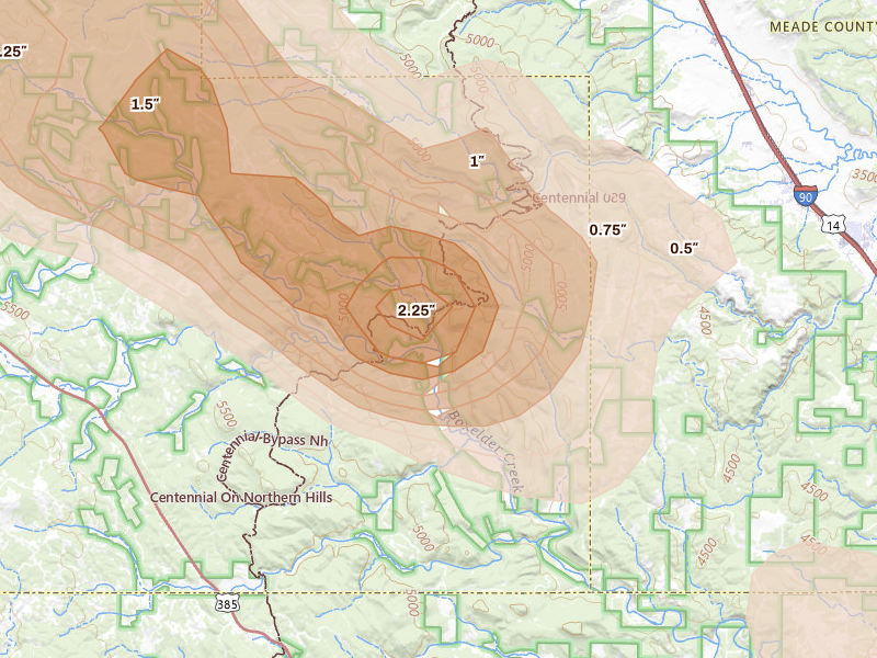 Radar-estimated hail-size map of the storm over Deadwood, SD on Jun 22, 2026