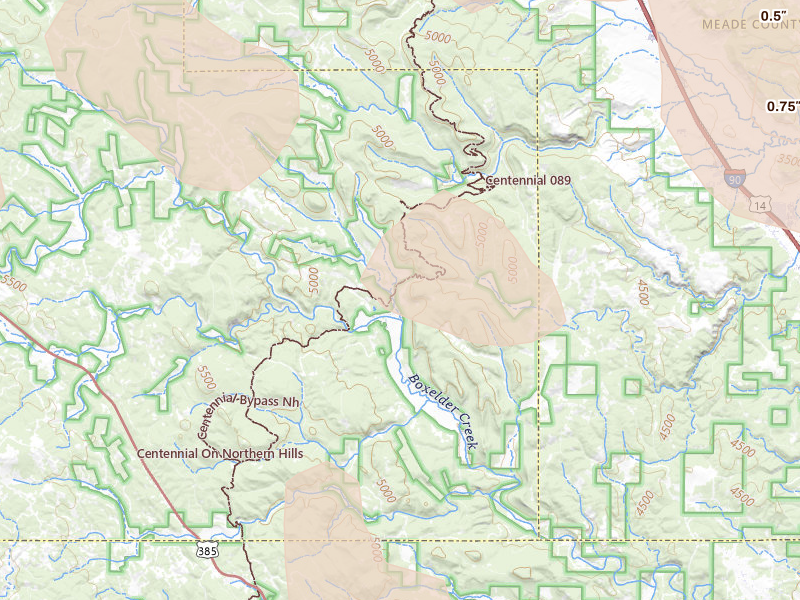 Radar-estimated hail-size map of the storm over Deadwood, SD on Jun 26, 2026