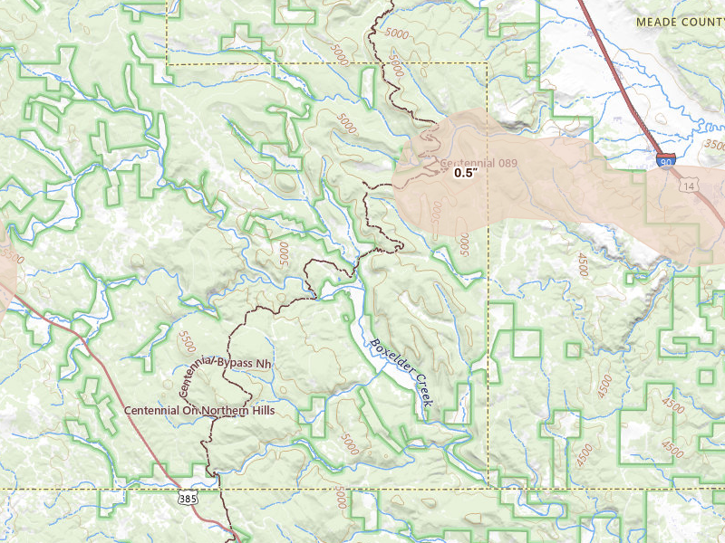 Radar-estimated hail-size map of the storm over Deadwood, SD on Jul 7, 2026
