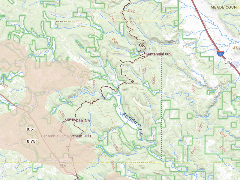 Radar-estimated hail-size map of the storm over Deadwood, SD on Jul 8, 2026