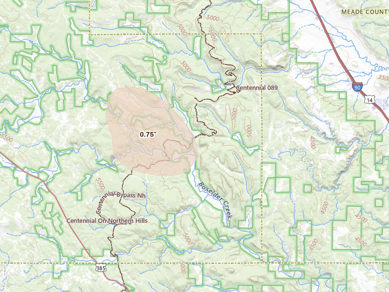 Radar-estimated hail-size map of the storm over Deadwood, SD on Jul 29, 2026