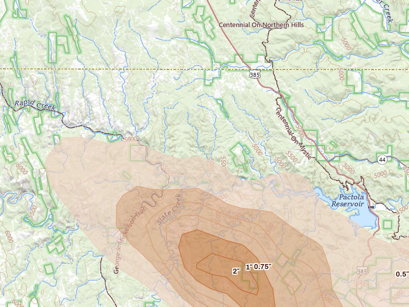 Radar-estimated hail-size map of the storm over Deadwood, SD on Aug 10, 2026