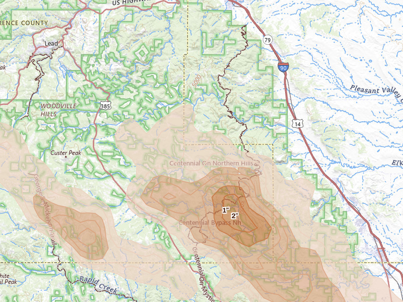 Radar-estimated hail-size map of the storm over Deadwood, SD on Aug 11, 2026
