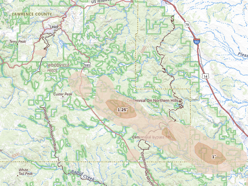Radar-estimated hail-size map of the storm over Deadwood, SD on Aug 16, 2026