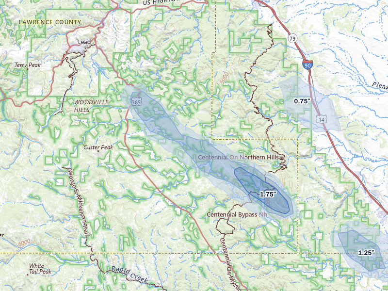 NEXRAD radar-signature map of the hail storm over Deadwood, SD on Aug 16, 2026