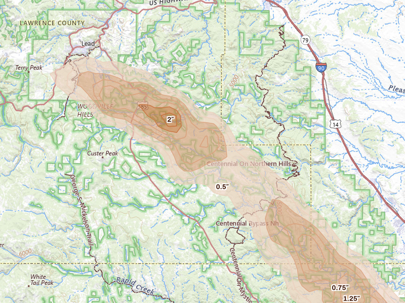 Radar-estimated hail-size map of the storm over Deadwood, SD on Aug 18, 2026