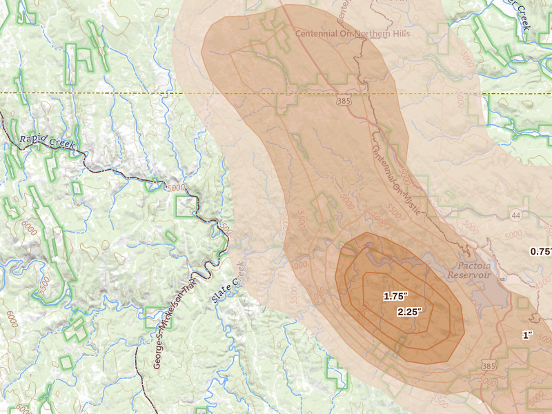 Radar-estimated hail-size map of the storm over Deadwood, SD on Aug 23, 2026