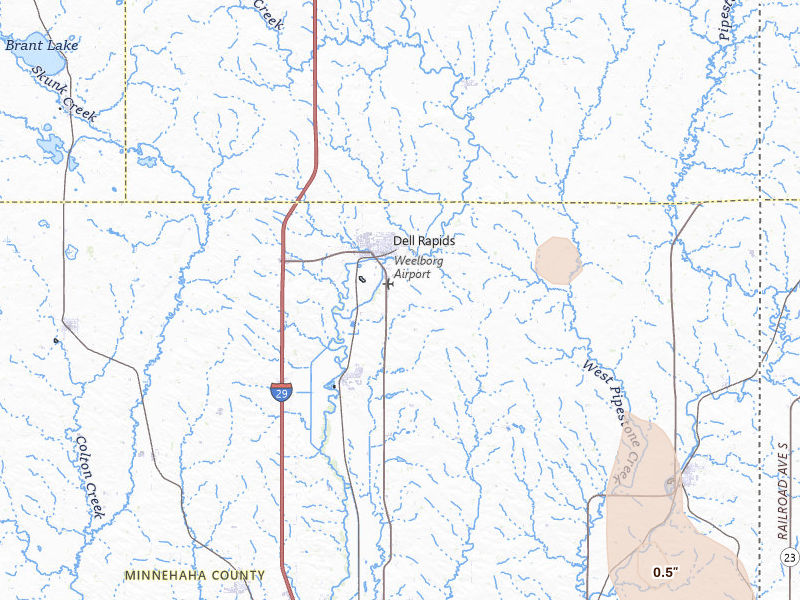 Radar-estimated hail-size map of the storm over Dell Rapids, SD on Jul 4, 2026
