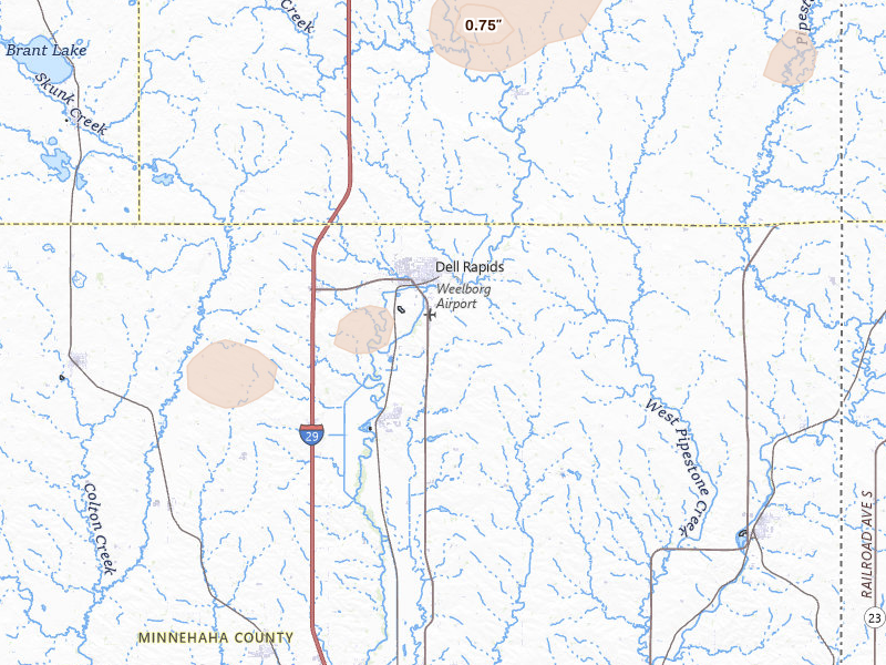 Radar-estimated hail-size map of the storm over Dell Rapids, SD on Jul 7, 2026