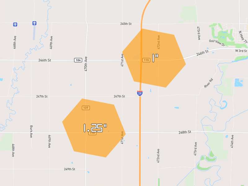 Hail map of Dell Rapids, SD on Jul 8, 2026, hail up to 1.25"