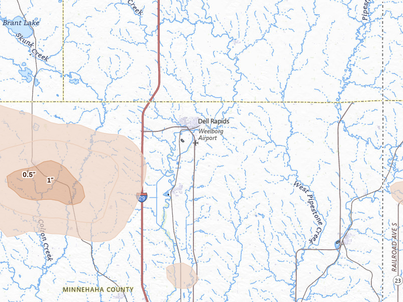 Radar-estimated hail-size map of the storm over Dell Rapids, SD on Jul 25, 2026